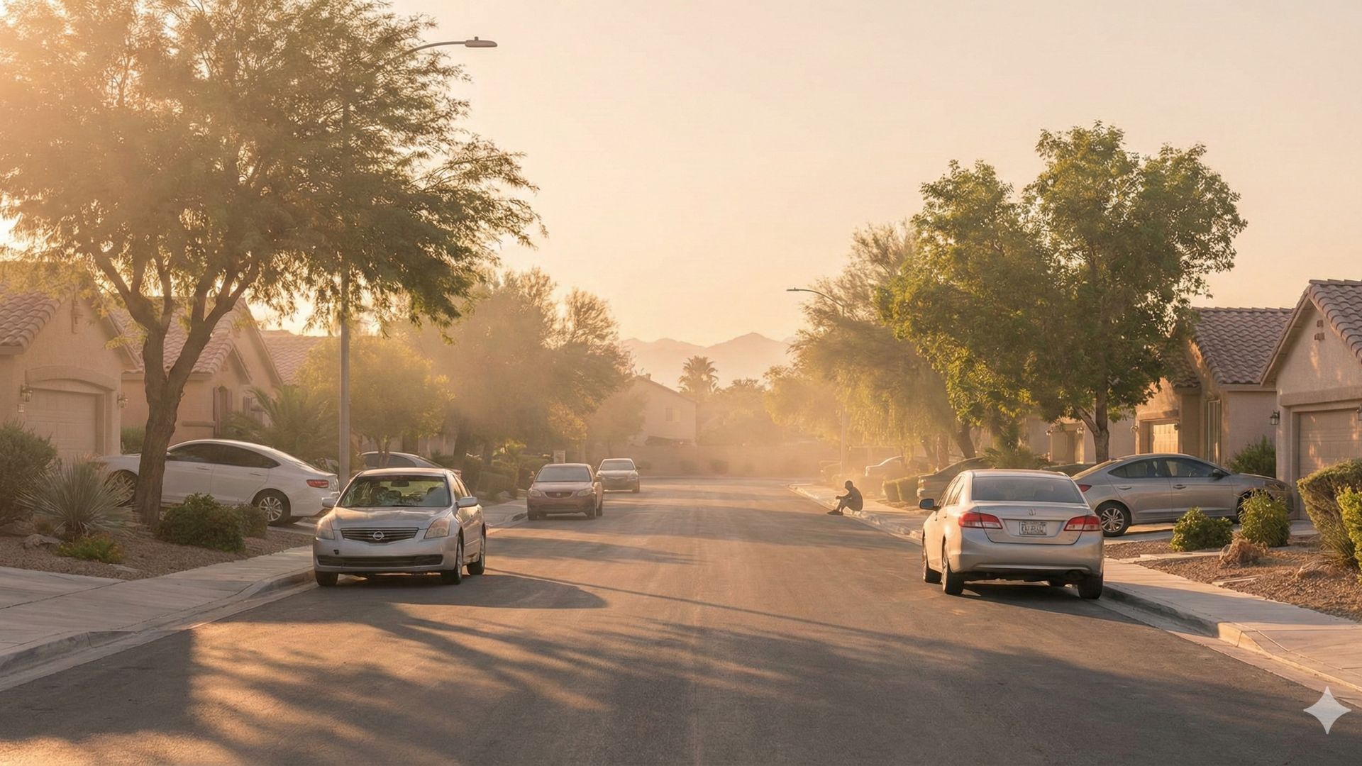 A quiet suburban street bathed in warm, golden sunlight, during early morning