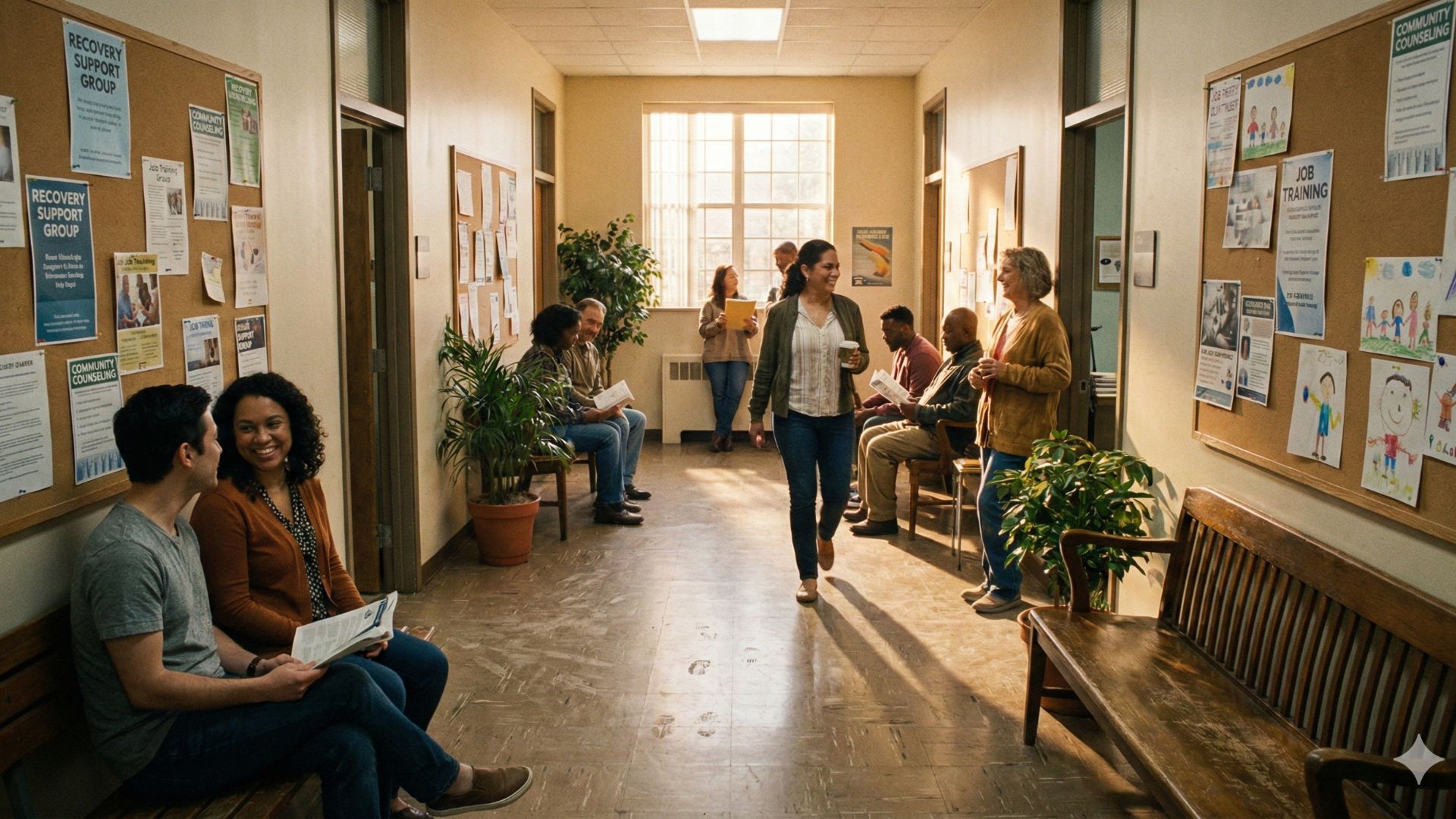A community center hallway with several people sitting and standing, engaging in casual conversation or reading pamphlets