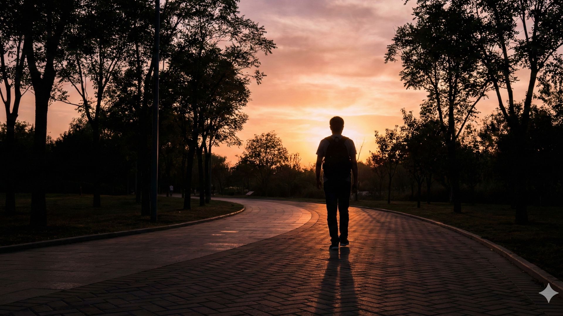 A person walks alone on a curved, paved path through a park at sunset